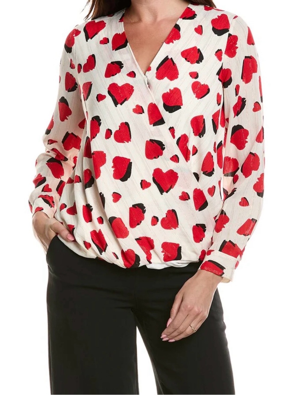 Tahari Cream Wrap Blouse with Red Heart Print